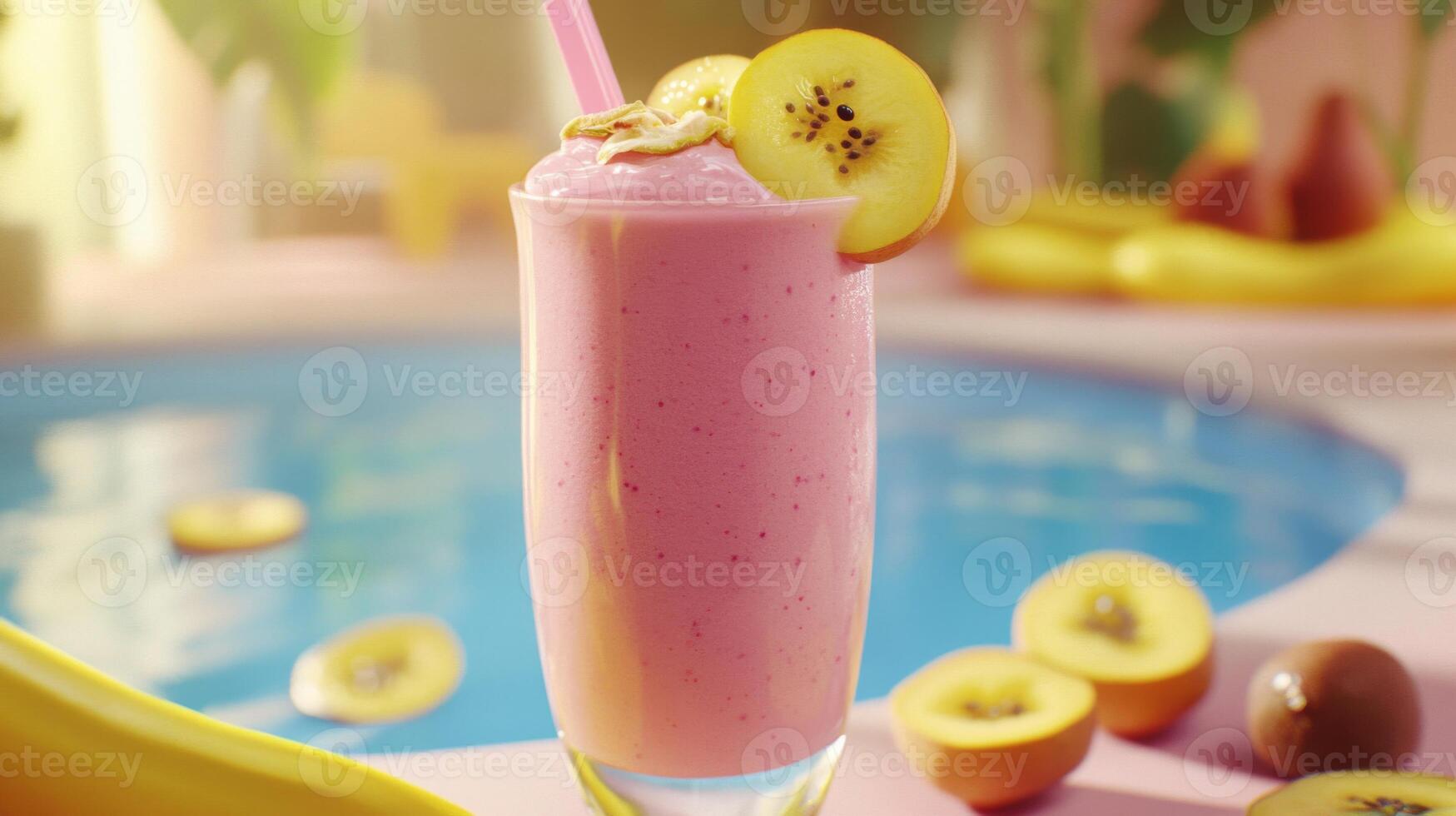 Pink Smoothie with Kiwi and Banana by Pool photo