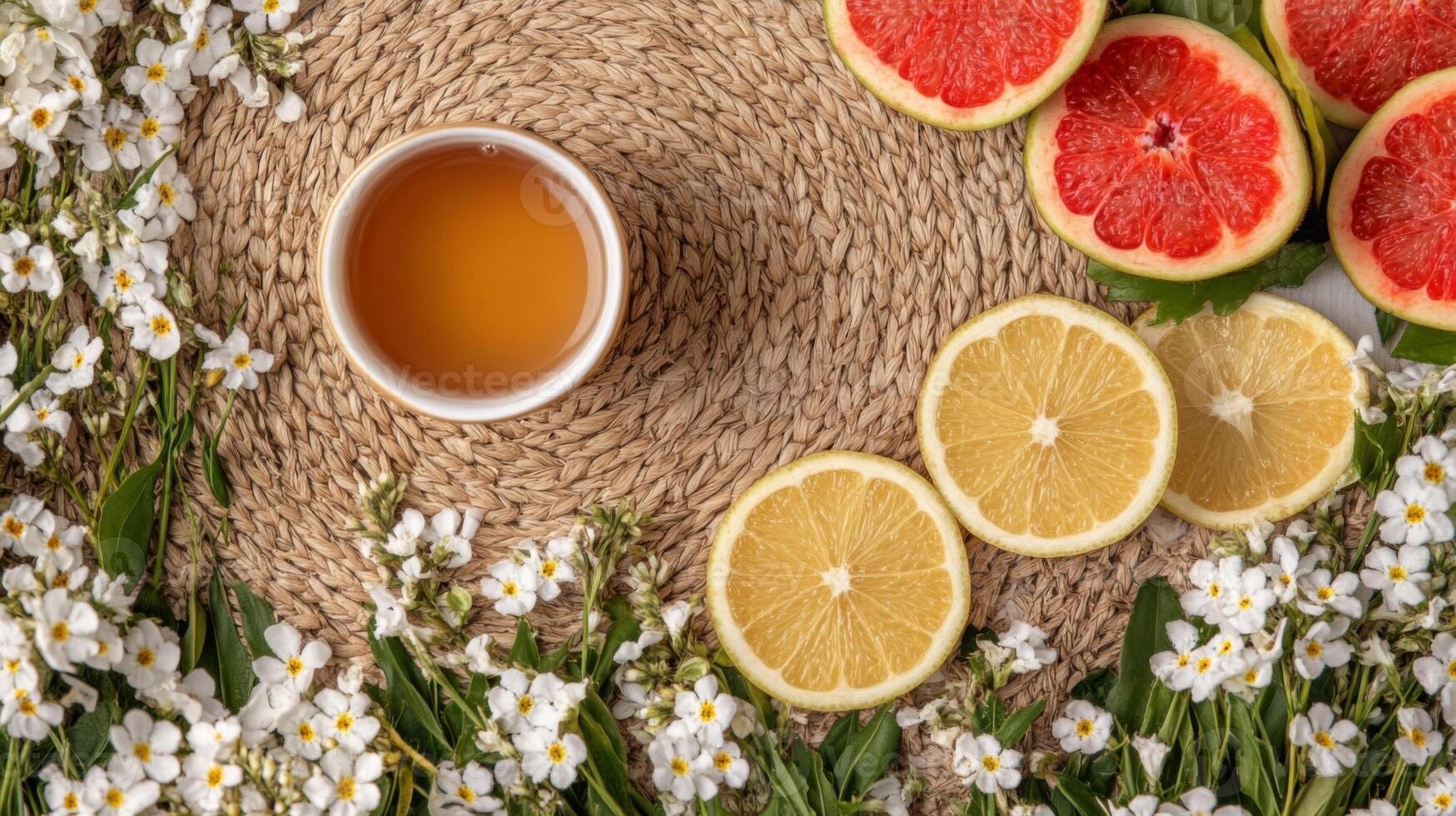 Overhead View of Teacup and Citrus Fruit Slices with White Flowers photo