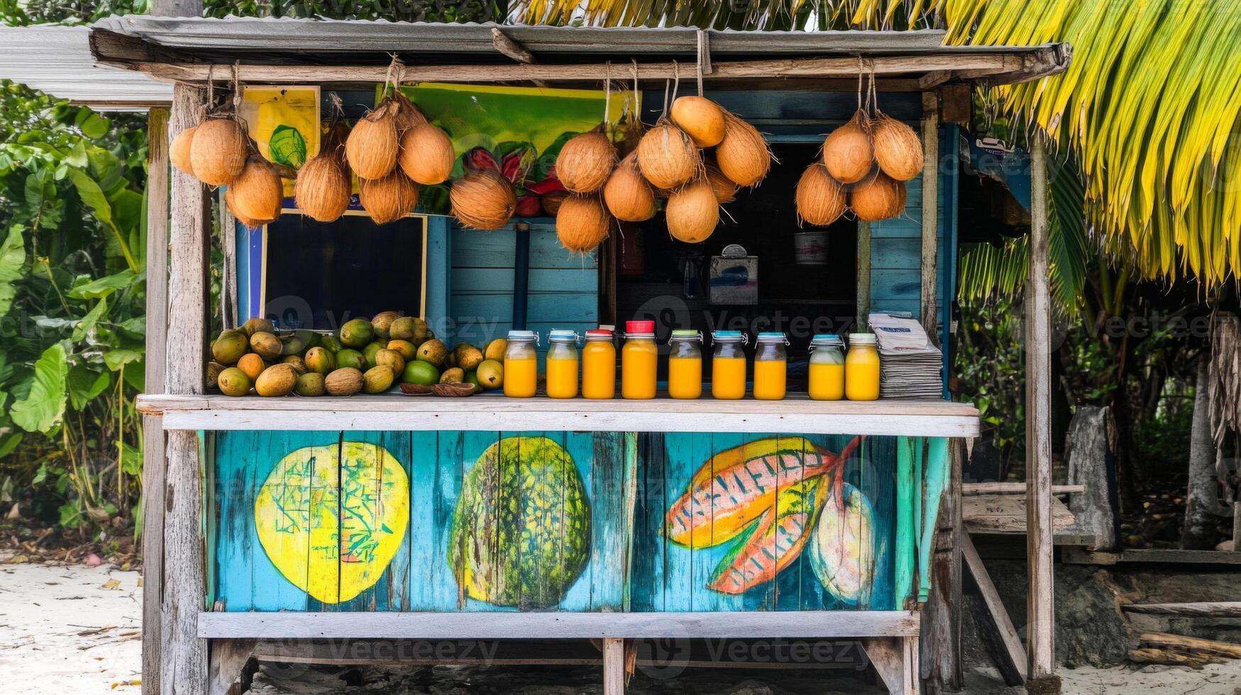 Vibrant Tropical Fruit Stand With Fresh Juice photo