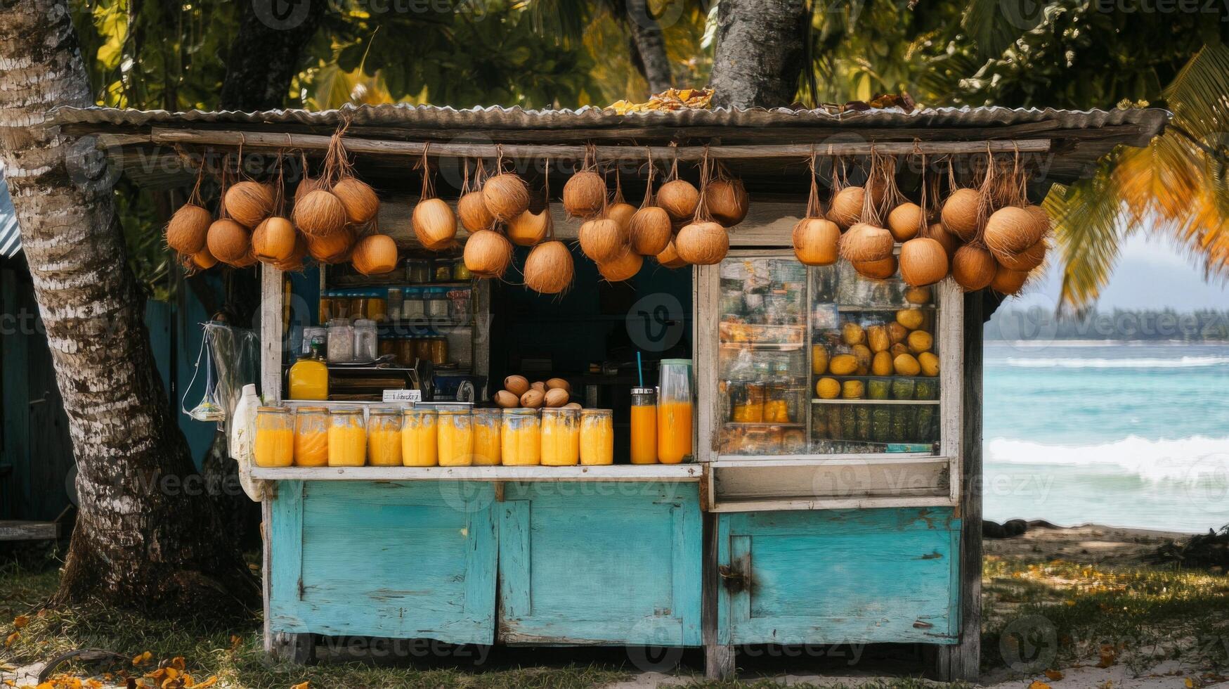Tropical Beach Juice Stand with Coconuts and Ocean View photo