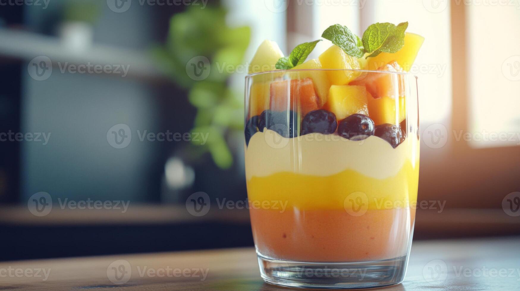 Layered Fruit Salad with Mango and Berries in Glass photo