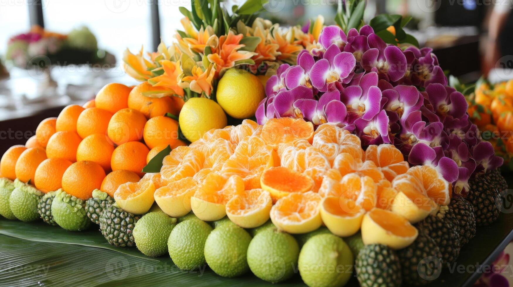Colorful Citrus Fruit and Orchid Arrangement photo