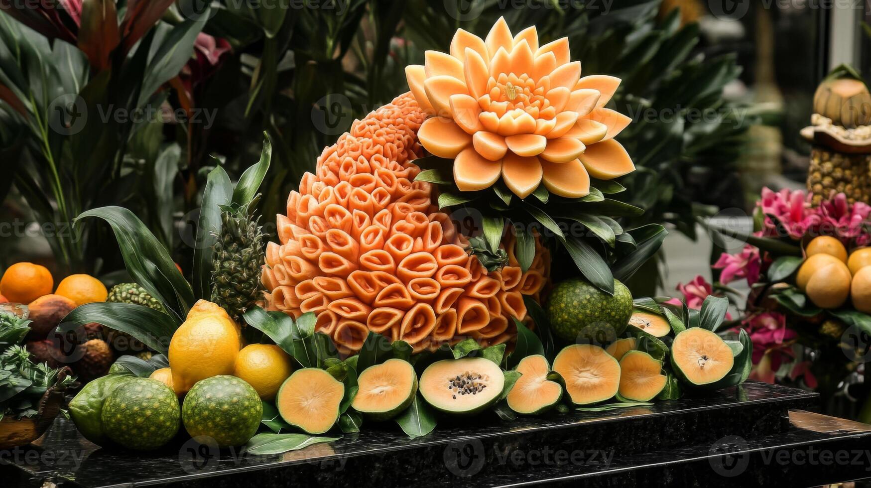 Intricate Orange Fruit Carving with Floral Design photo