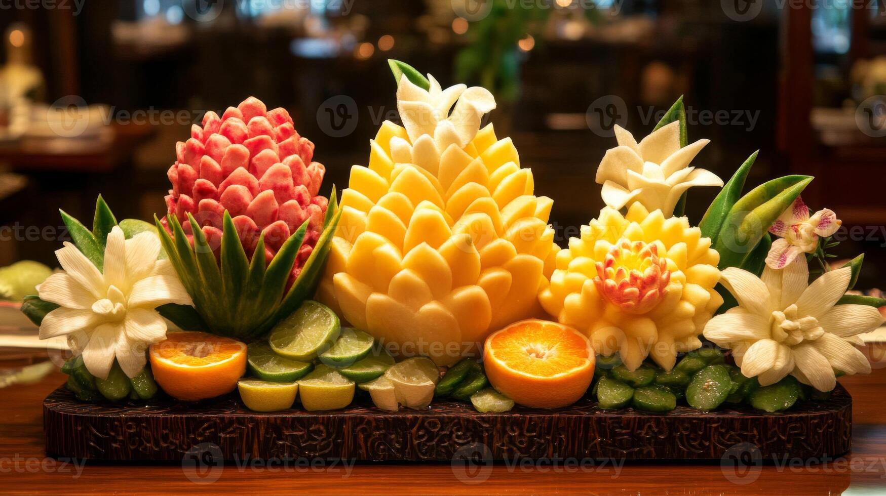 Intricate Fruit and Flower Carving Display photo