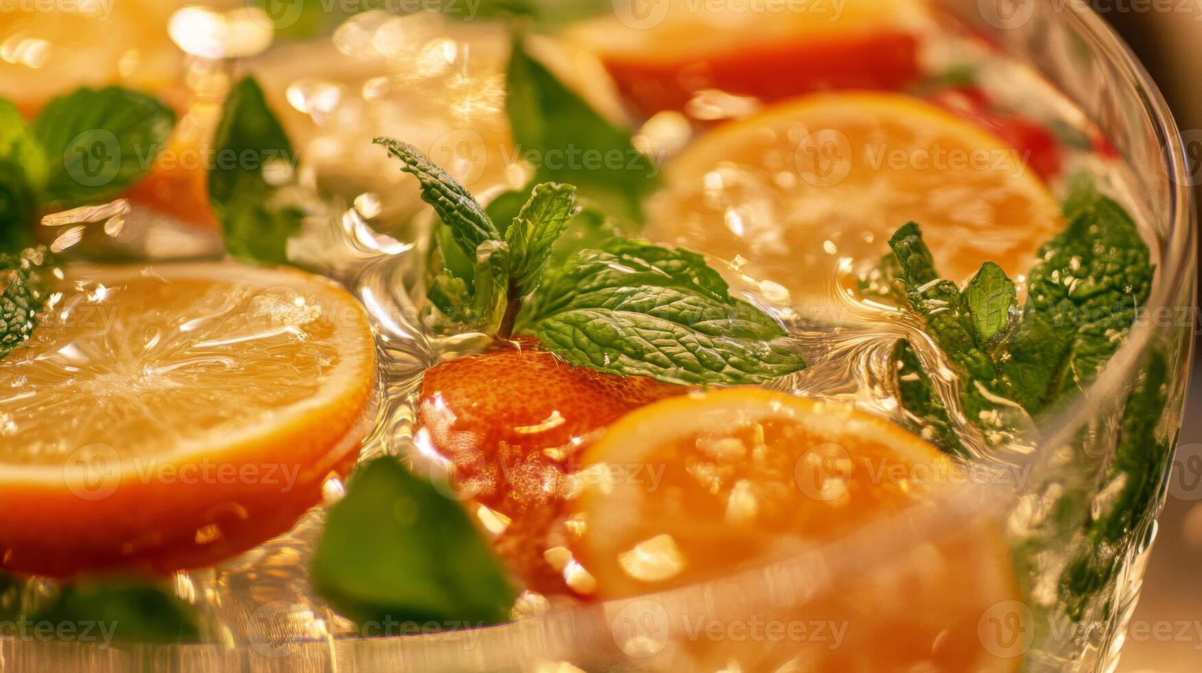 Close Up of Refreshing Citrus Drink with Mint and Ice photo