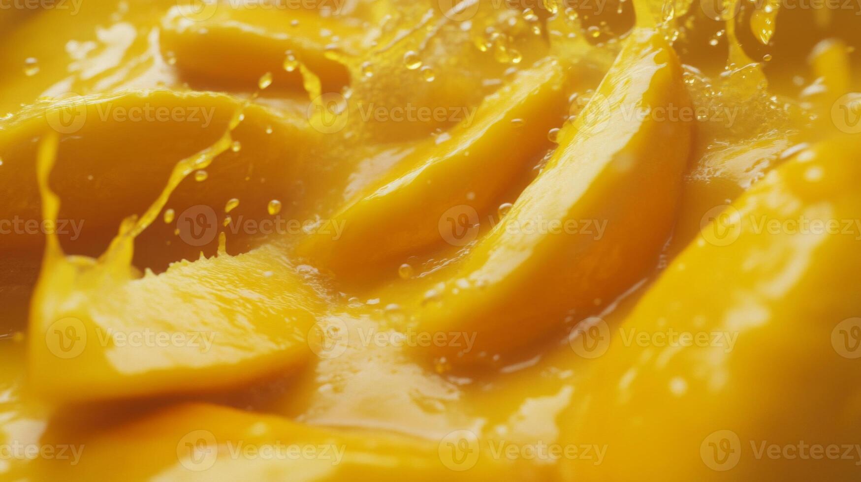 Closeup of Juicy Mango Slices Splashing in Yellow Liquid photo