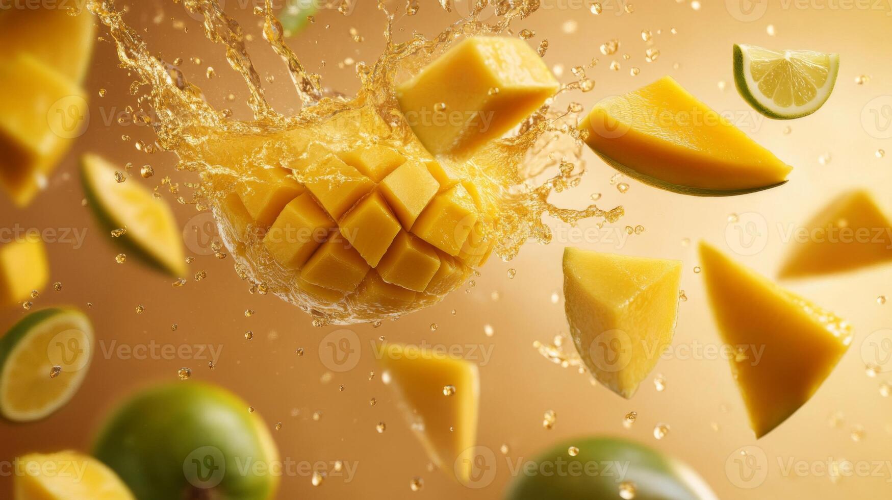 Juicy Mango Slices and Limes Splashing in Golden Light photo
