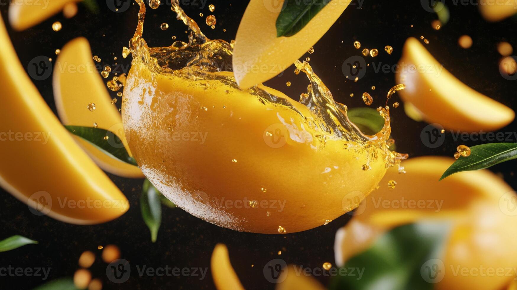 Orange Slices Splashing Juice Against Dark Background photo