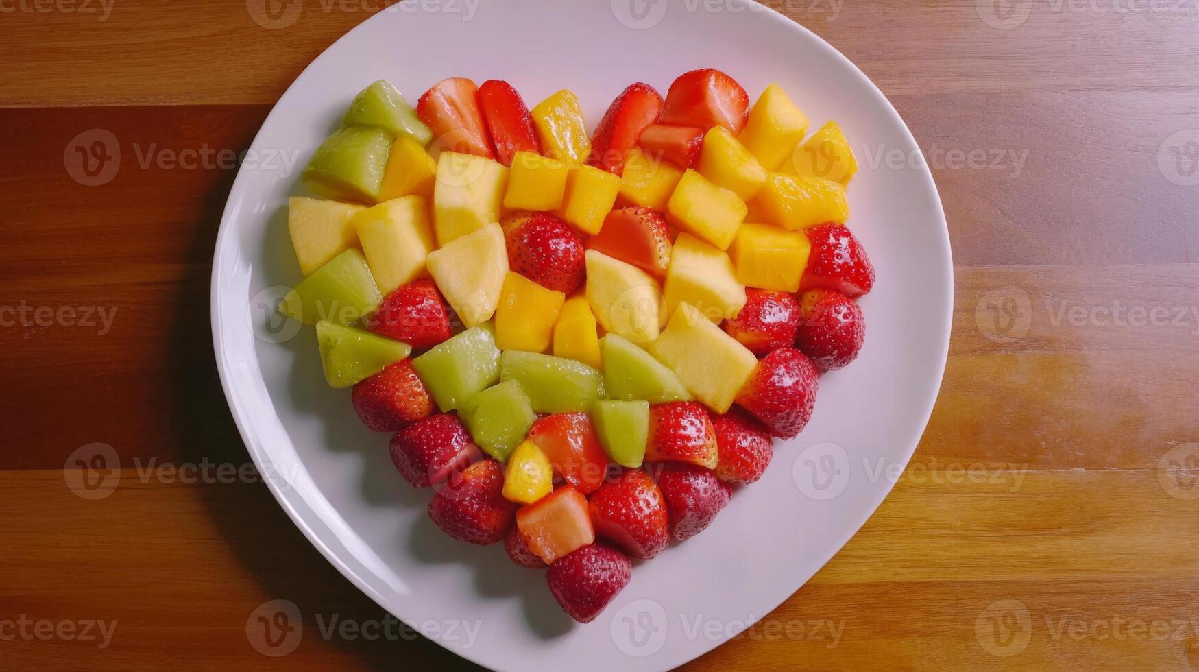 Colorful Fruit Salad Arranged in Heart Shape on Wooden Table photo