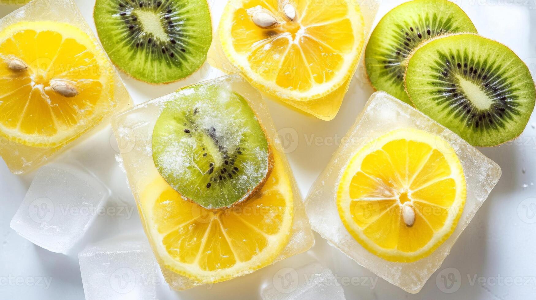 Frozen Lemon and Kiwi Slices on Ice Cubes photo