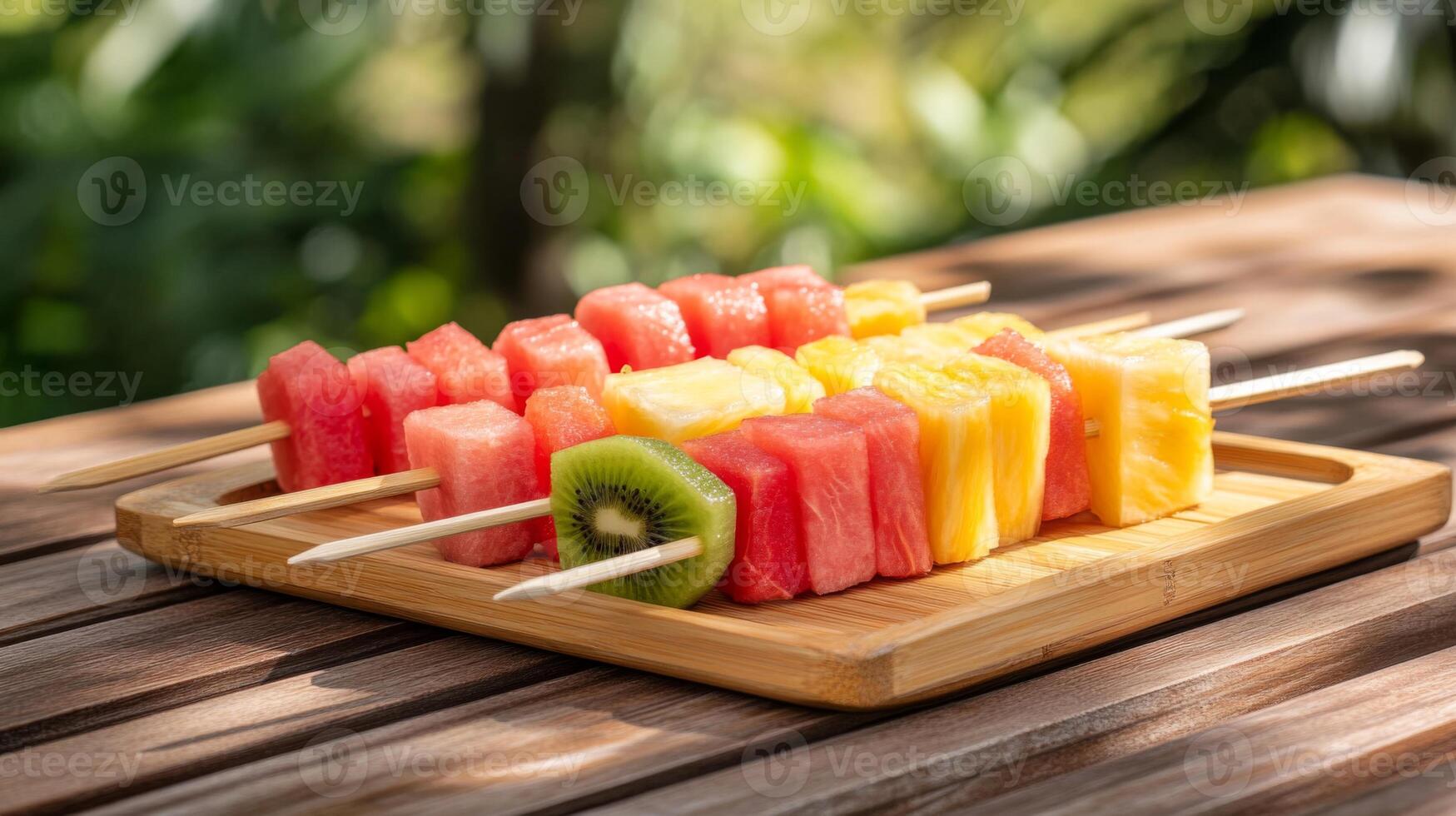 Colorful Fruit Skewers on Wooden Board photo