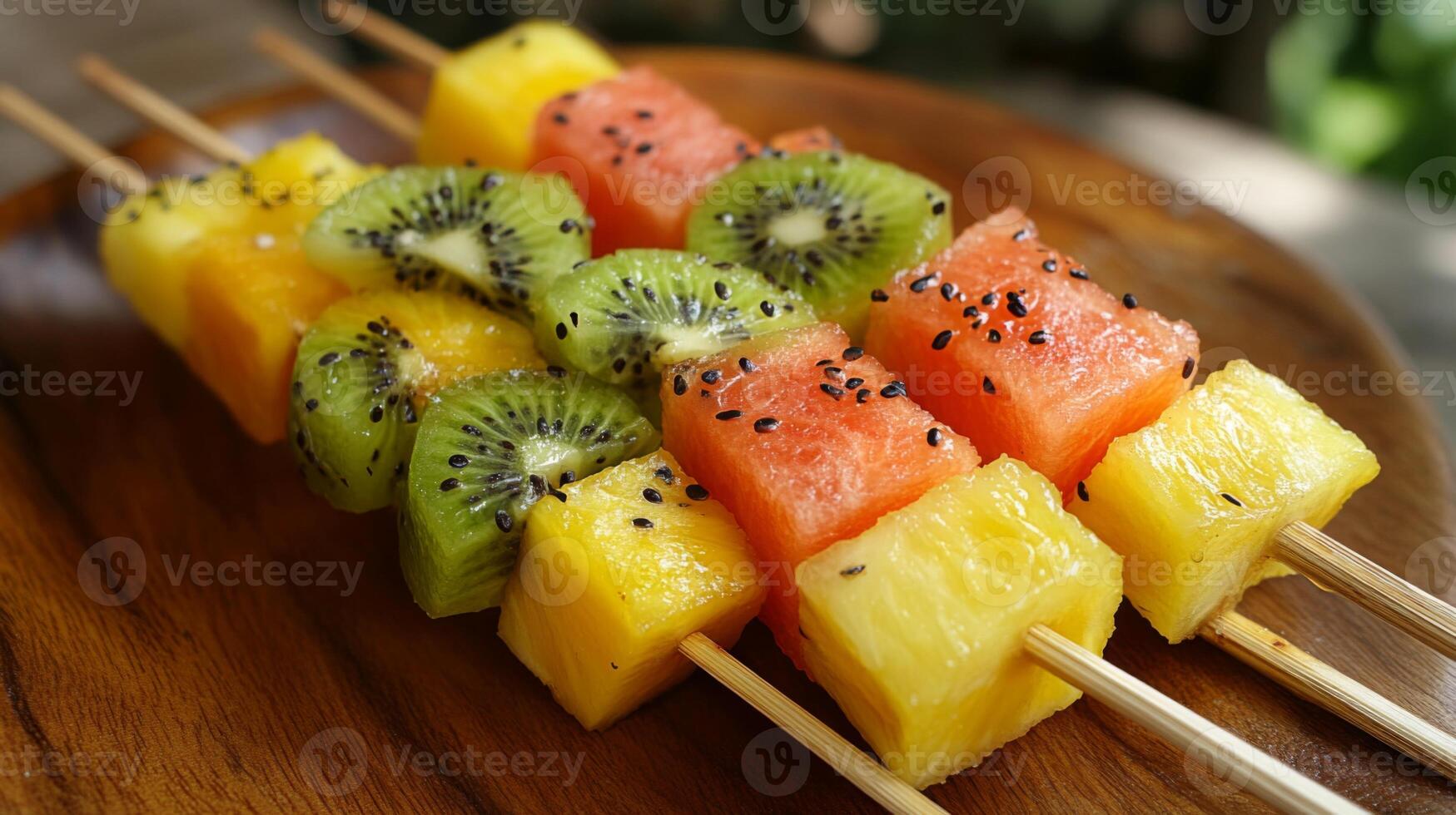 Colorful Tropical Fruit Skewers on Wooden Board photo