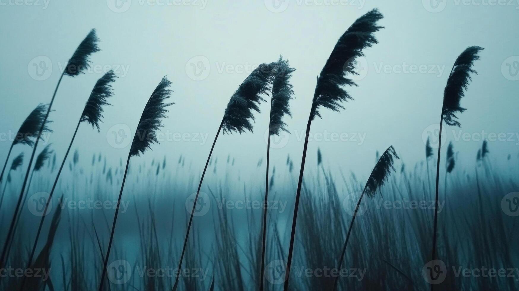 Moody Teal Reeds Swaying in Foggy Field photo