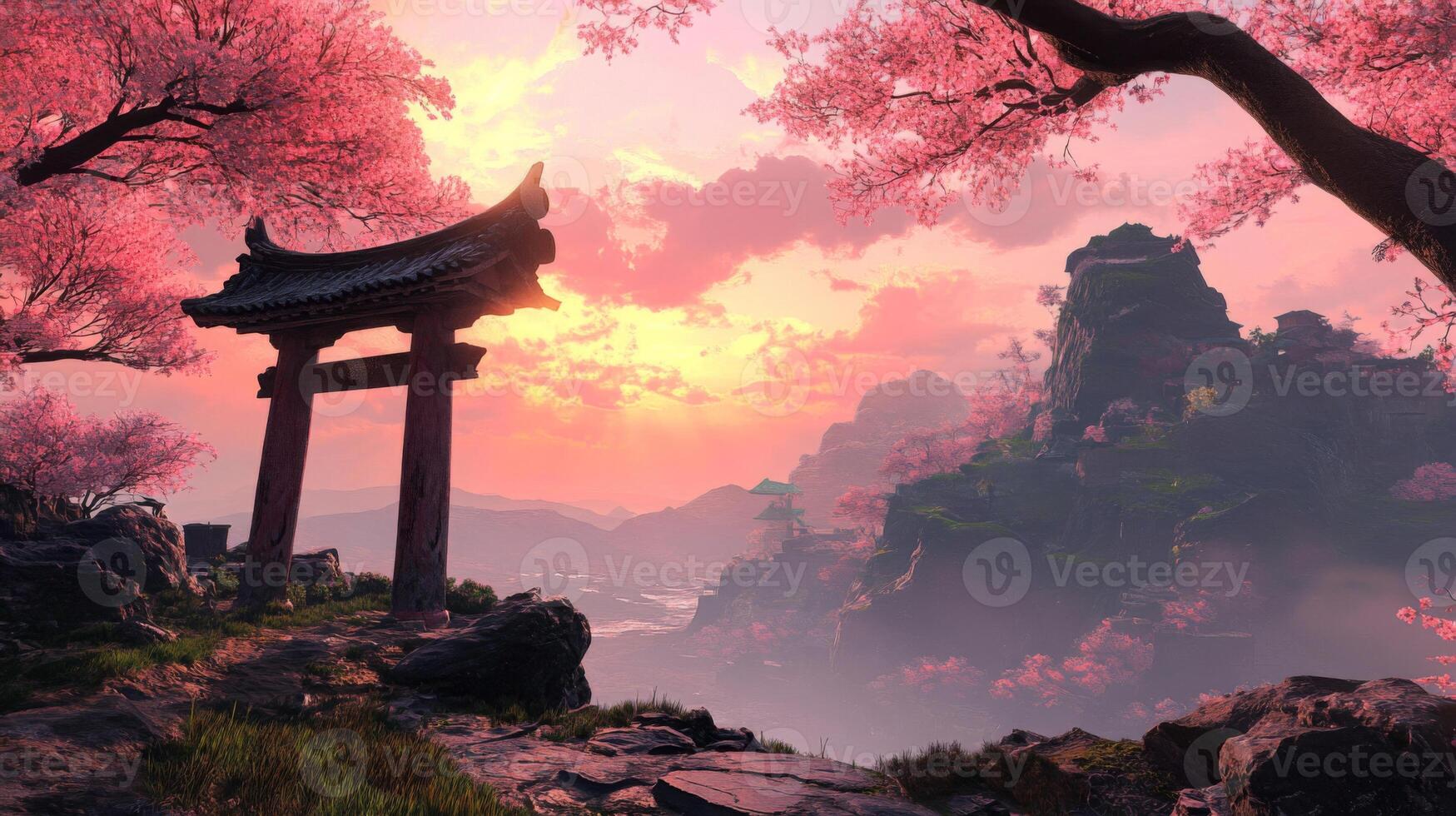 Pink Cherry Blossoms Sunset Landscape with Torii Gate photo