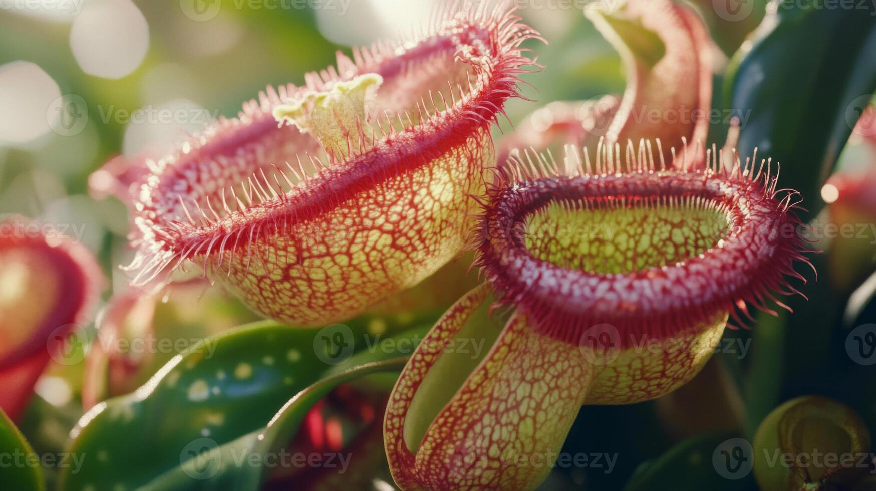 Closeup of Red and Yellow Pitcher Plants in Lush Green Foliage photo