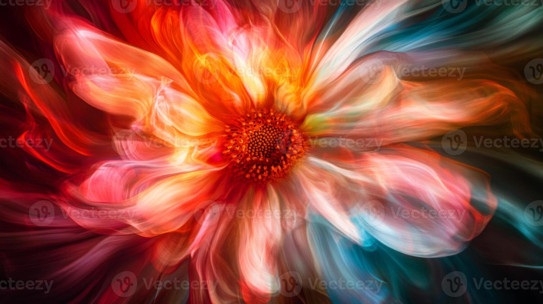 Abstract Dahlia Bloom in Vibrant Red Orange and Teal Hues photo