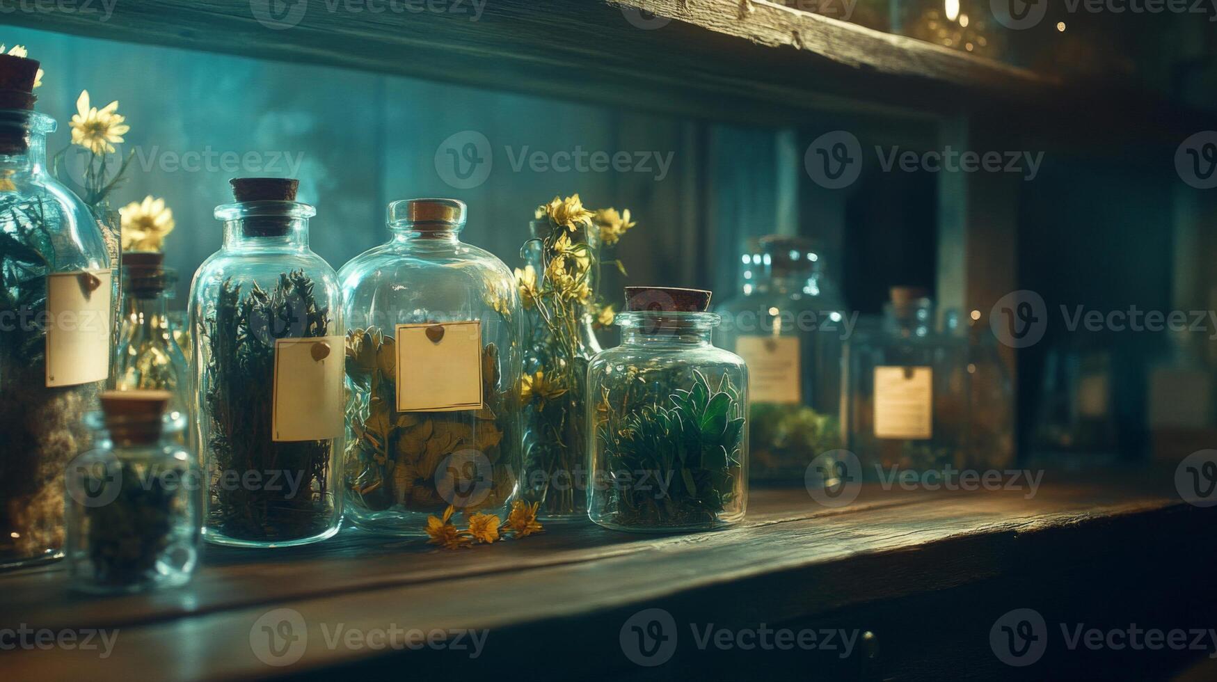 Glass Bottles of Herbs and Flowers on Wooden Shelf photo