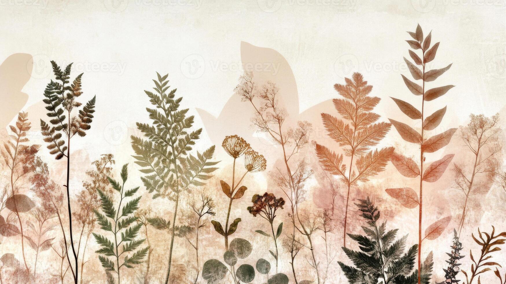 Neutral Botanical Illustration with Ferns and Flowers photo