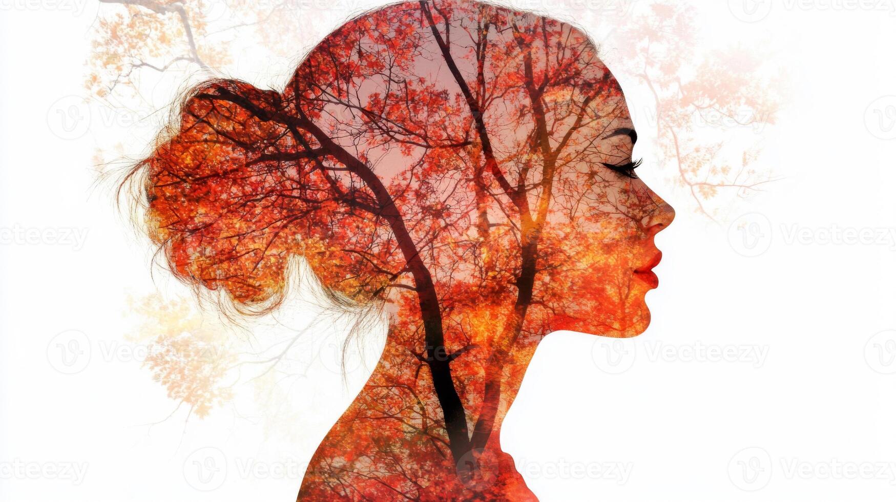 Woman Silhouette with Autumn Tree Double Exposure photo