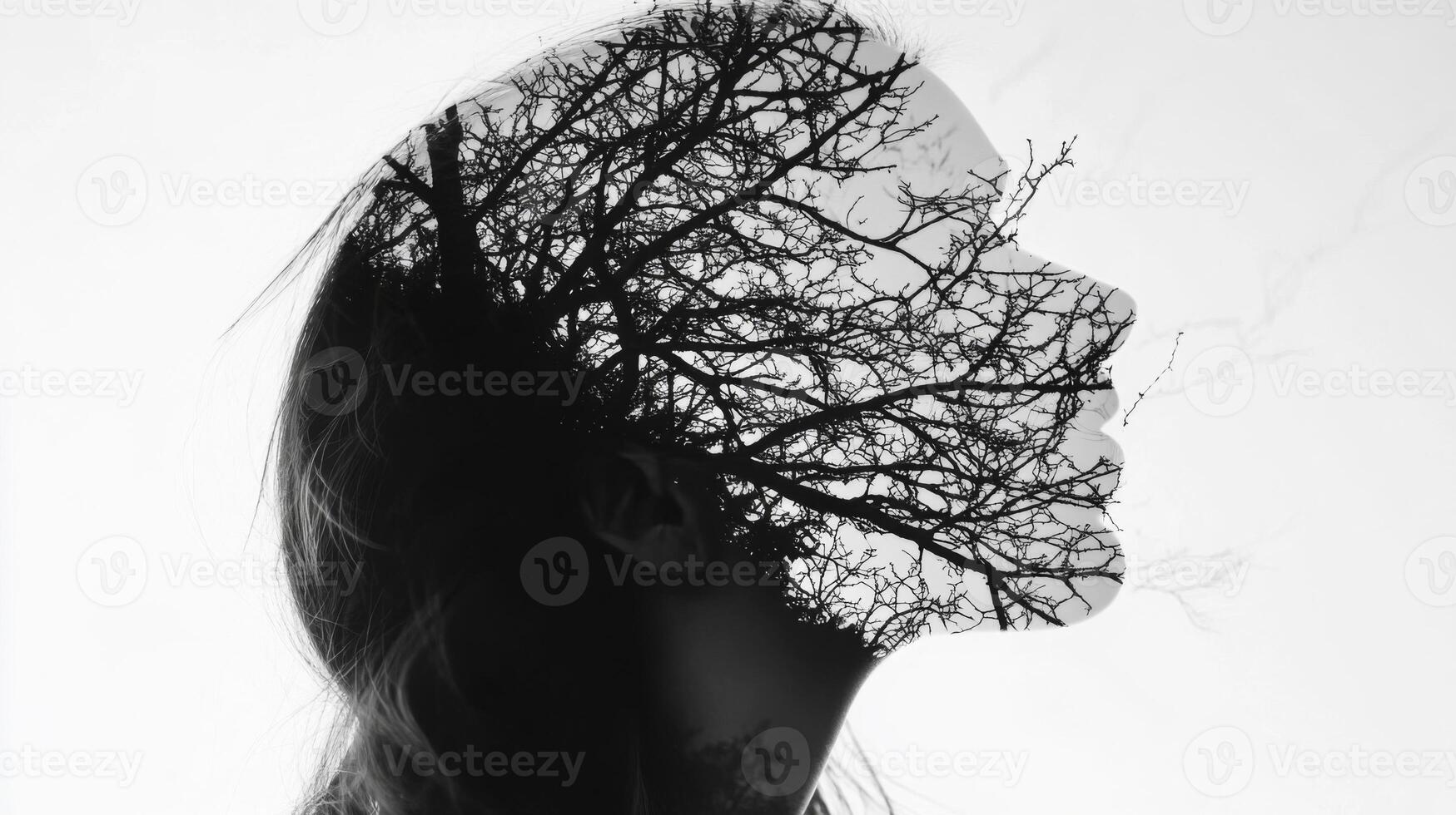 Monochrome Double Exposure of a Woman and Tree Branches photo