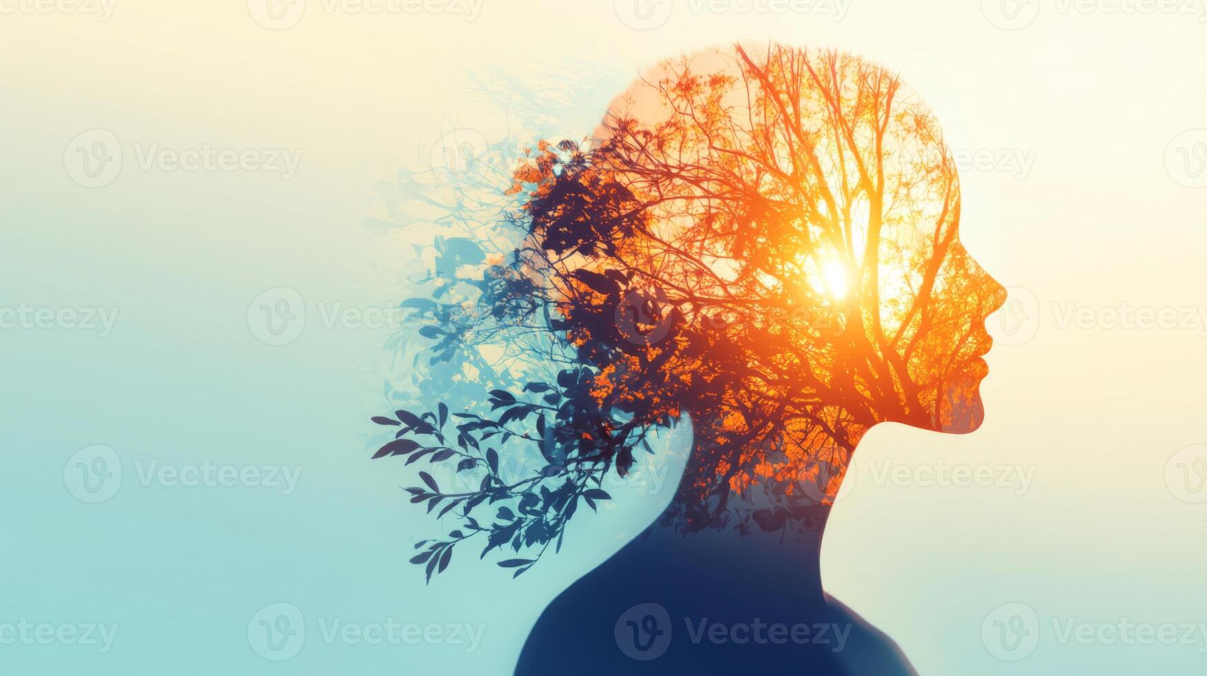 Woman Silhouette with Tree Branches and Sunset Double Exposure photo