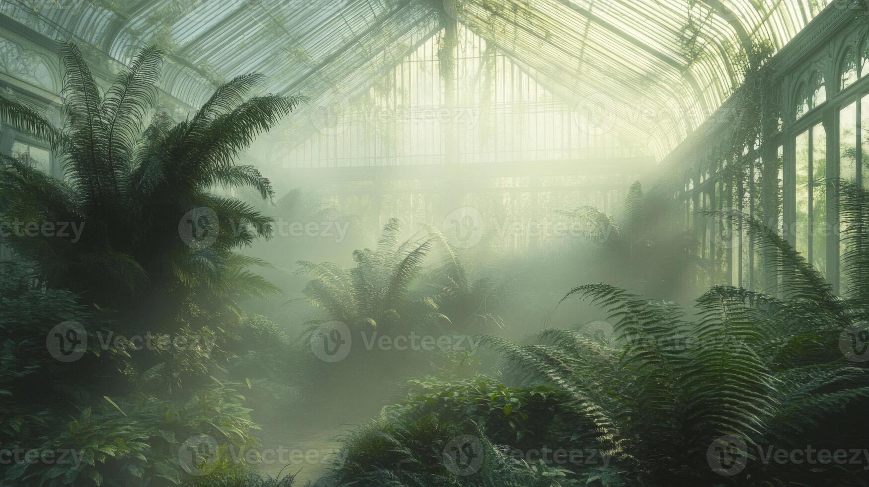 Sunlit Greenhouse Filled with Lush Green Ferns and Fog photo
