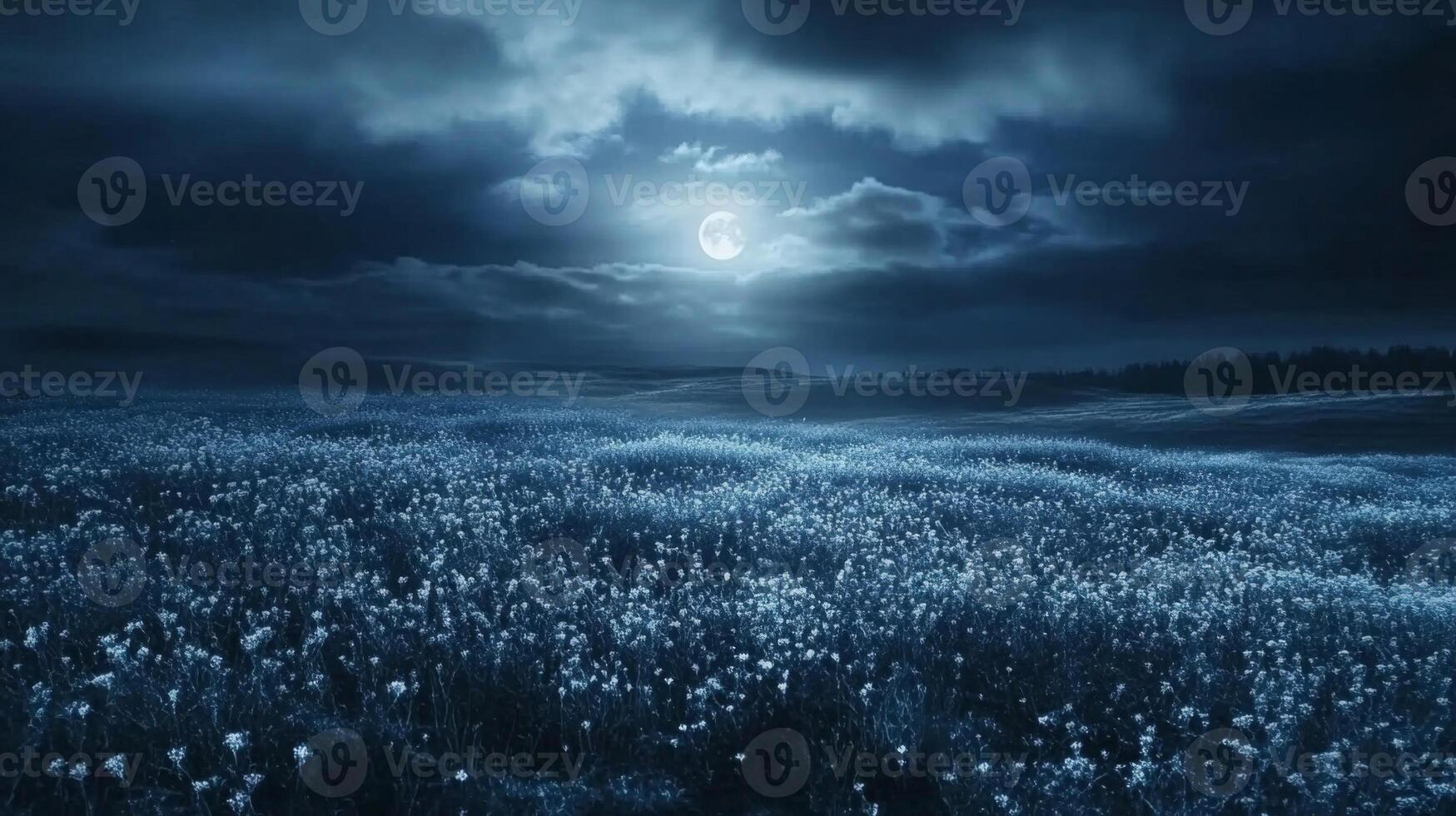 Moonlit Field at Night Dark Blue Sky Landscape photo
