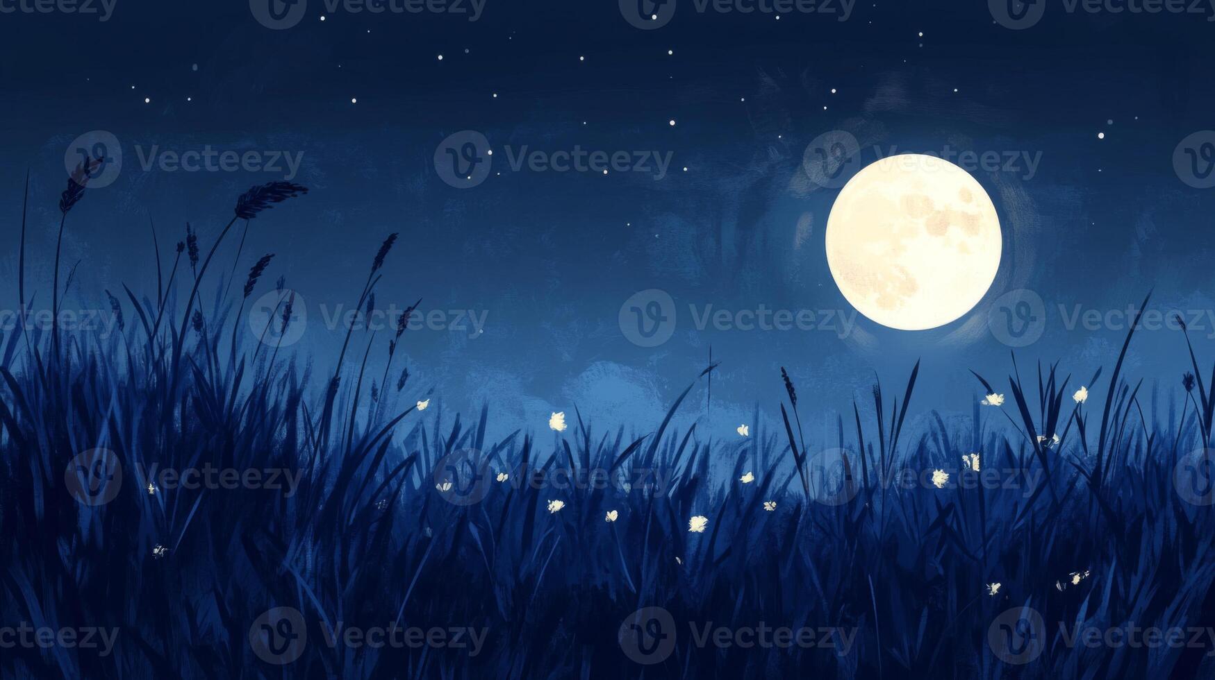 Serene Night Scene with Full Moon and Fireflies photo