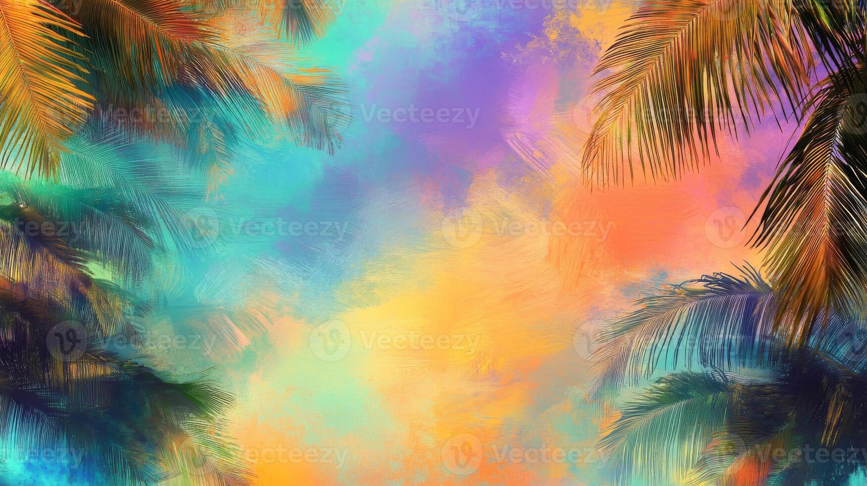 Vibrant Tropical Sunset with Palm Trees photo