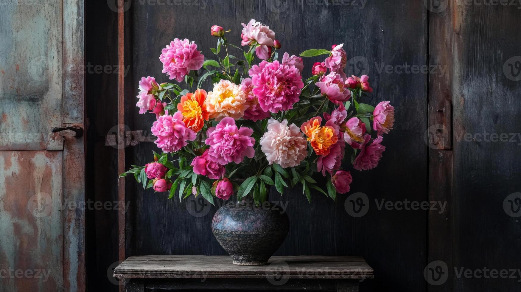 Pink And Orange Peonies In Dark Rustic Vase photo