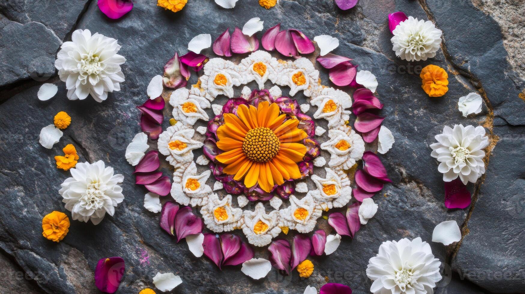 Colorful Floral Mandala Arrangement on Dark Stone photo