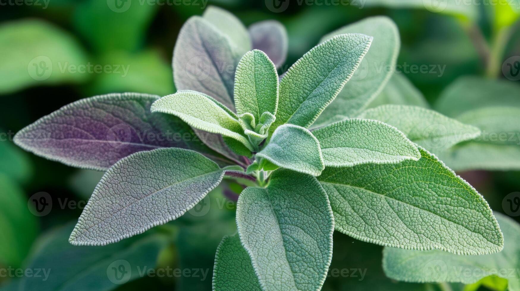 Closeup of Dewy Green and Purple Leaves photo