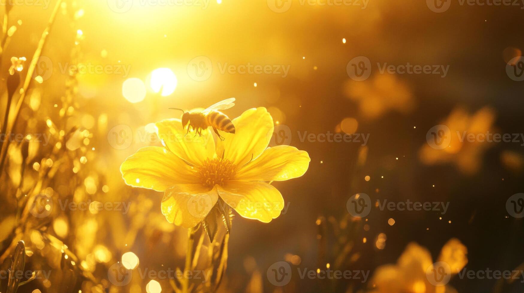 Golden Hour Bee on Yellow Flower photo