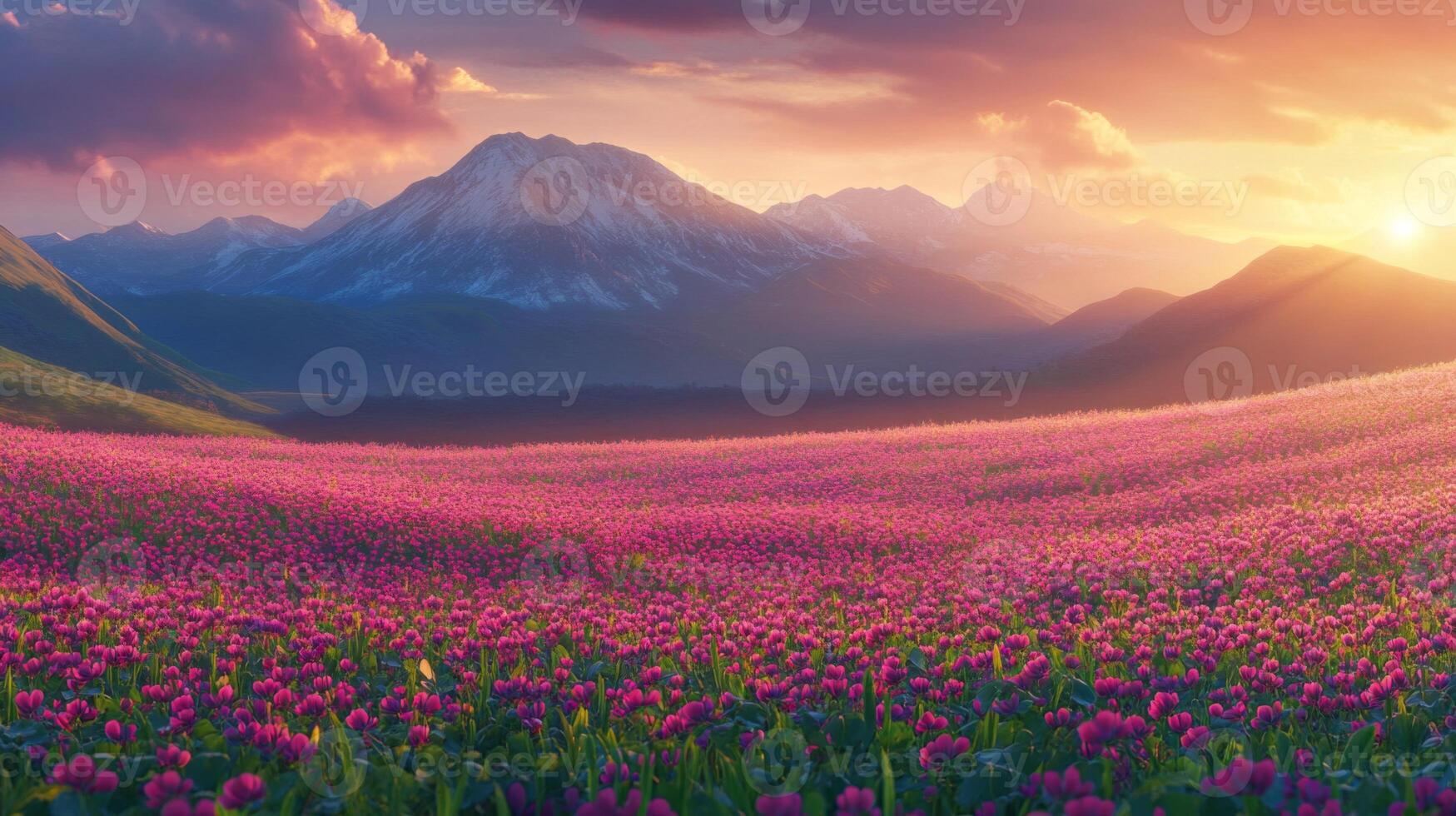 Vibrant Pink Flower Field at Sunset in the Mountains photo