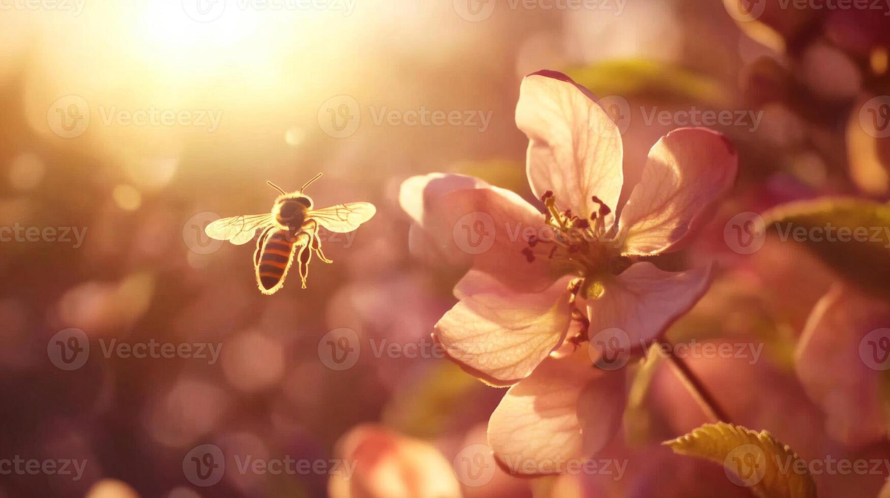 Honeybee in Flight Towards a Delicate Pink Blossom in Warm Sunlight photo