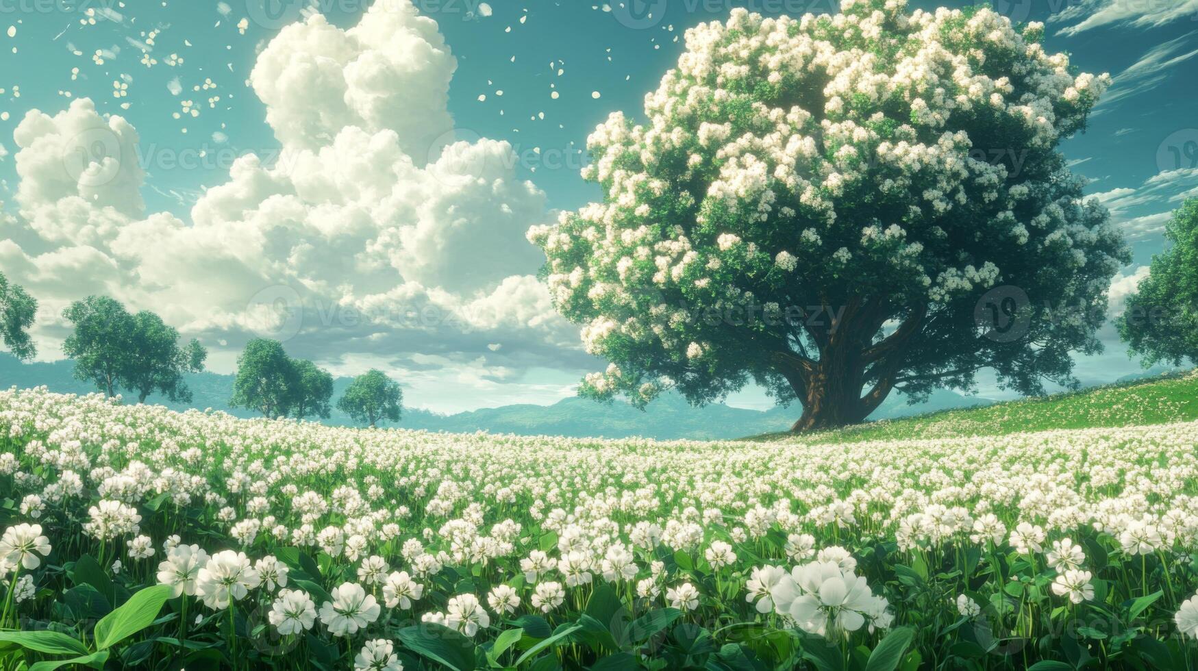 White Flower Field with Large Tree under Sunny Sky photo
