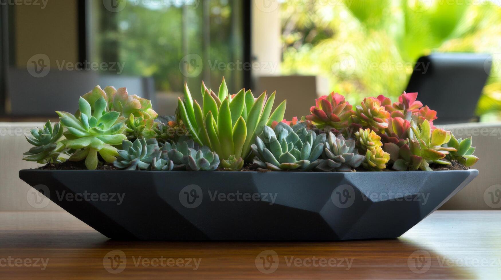 Geometric Black Planter with Colorful Succulents photo