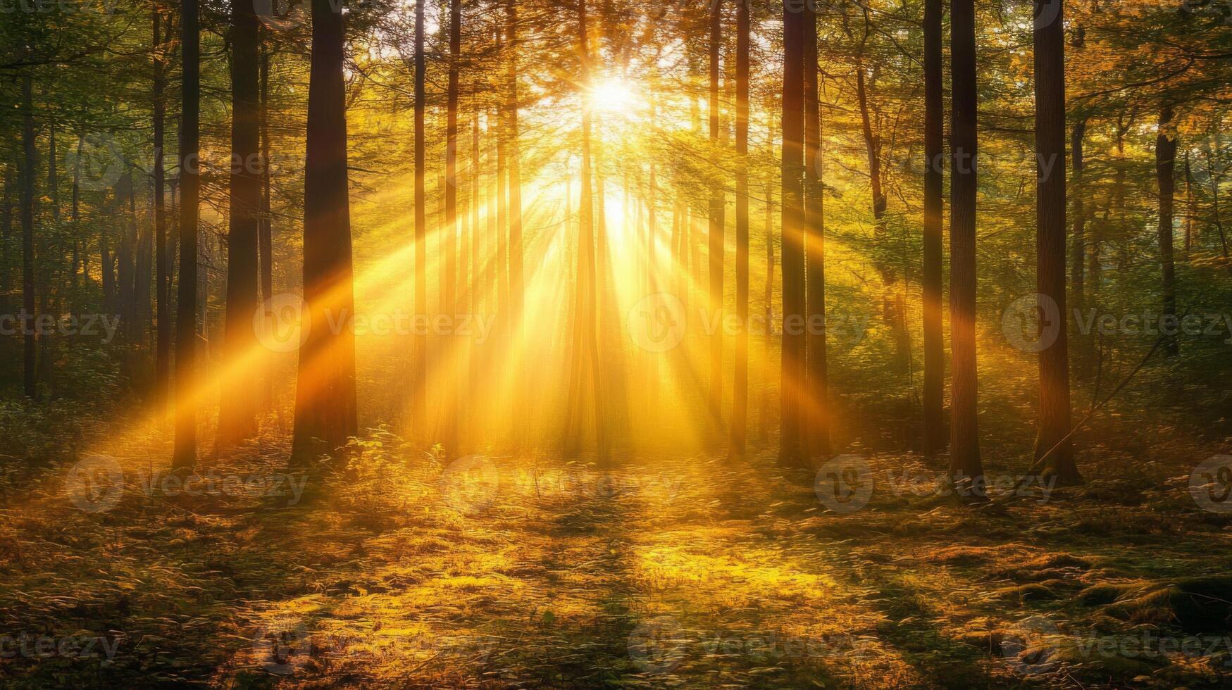 Golden Sunbeams in Autumn Forest photo