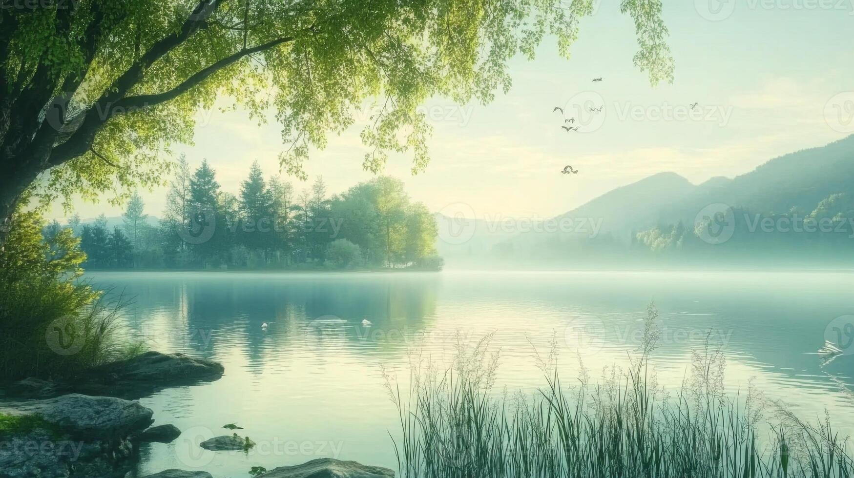 Serene Lake Mist Morning Landscape photo