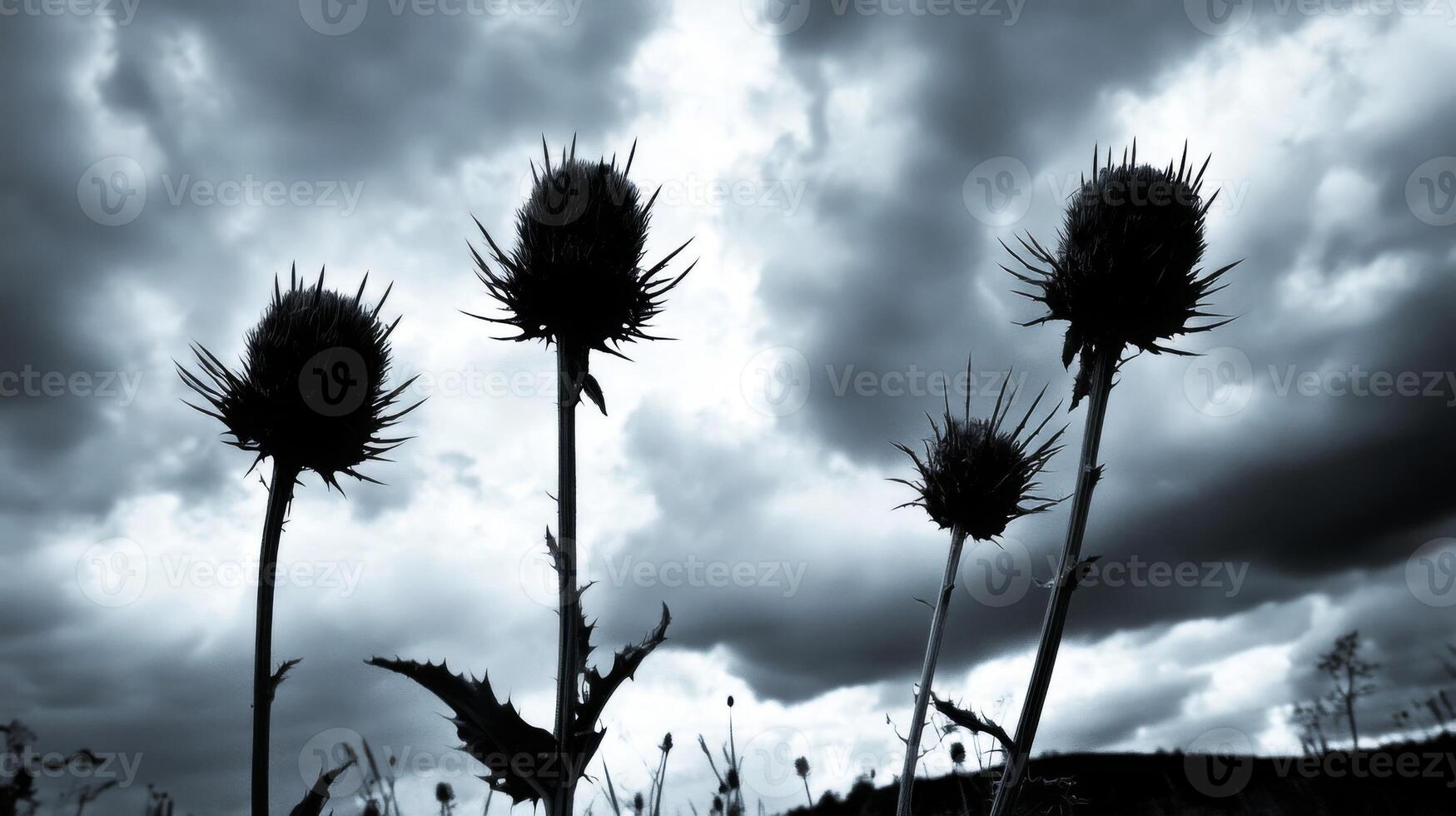 Silhouetted Thistles Against a Dramatic Stormy Sky photo