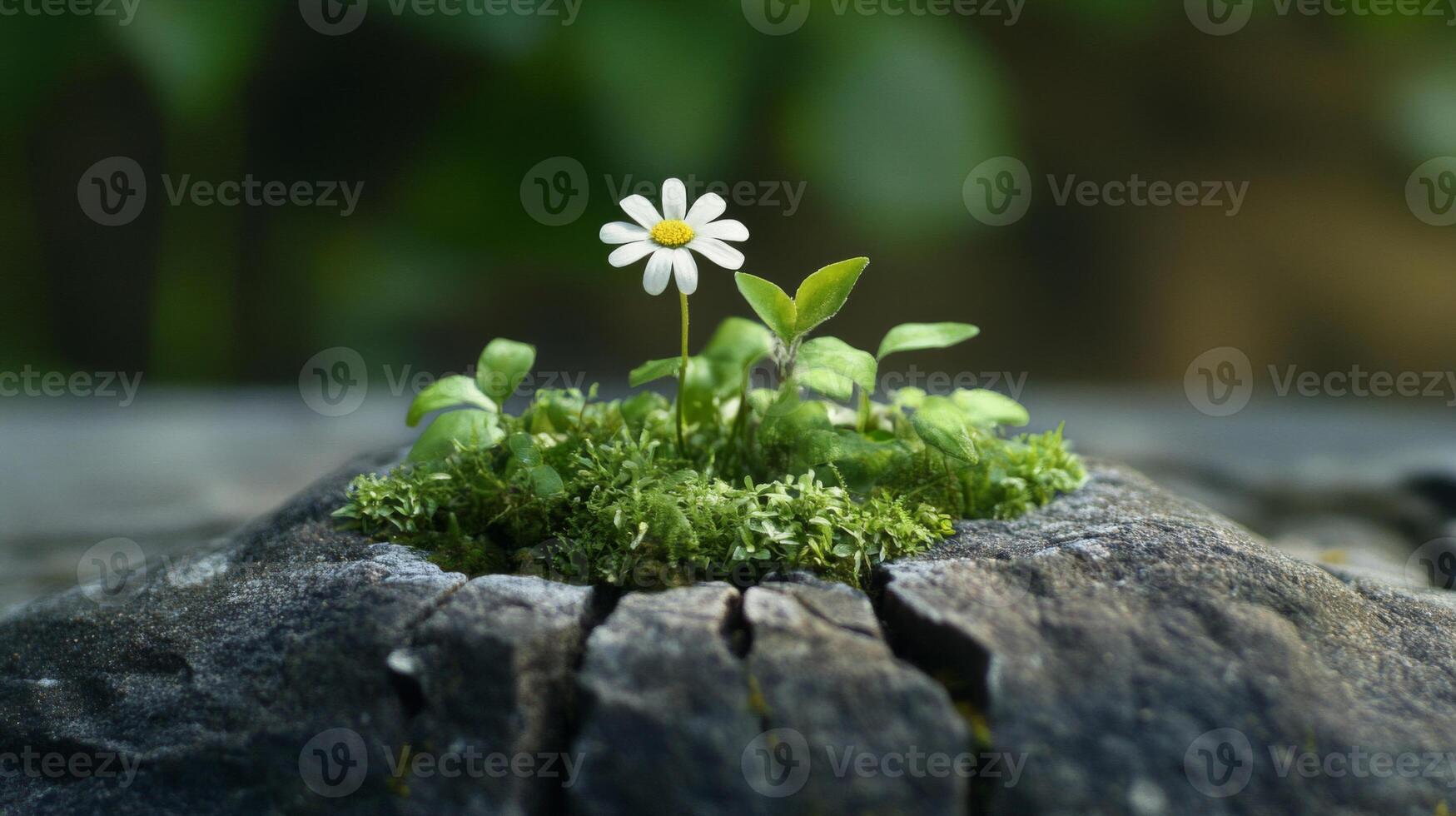 White Daisy Flower Growing From Mossy Rock photo