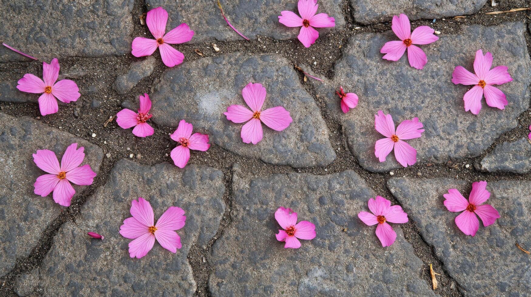 Pink Flowers Scattered on Grey Cobblestone Pavement photo