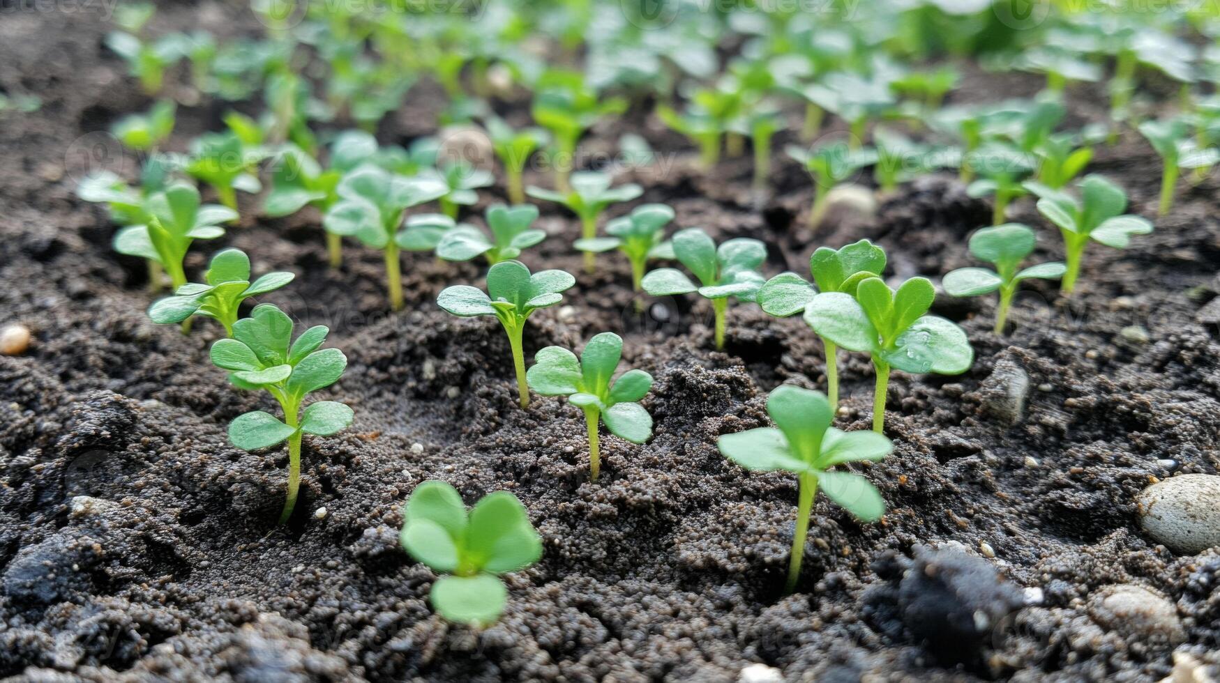 Close Up of Vibrant Green Seedlings Emerging from Dark Soil photo