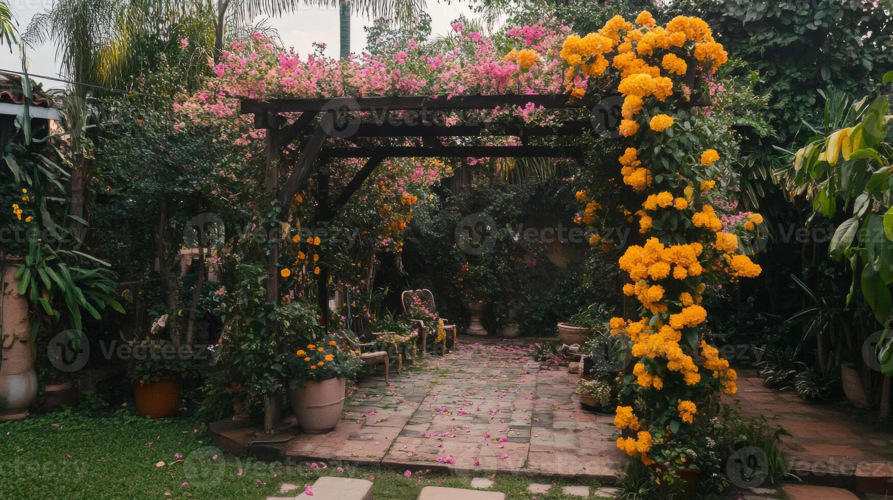 Vibrant Flower Garden with Pergola and Stone Path photo