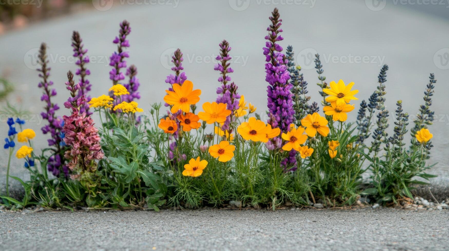 Colorful Wildflowers Blooming in Asphalt Crack photo