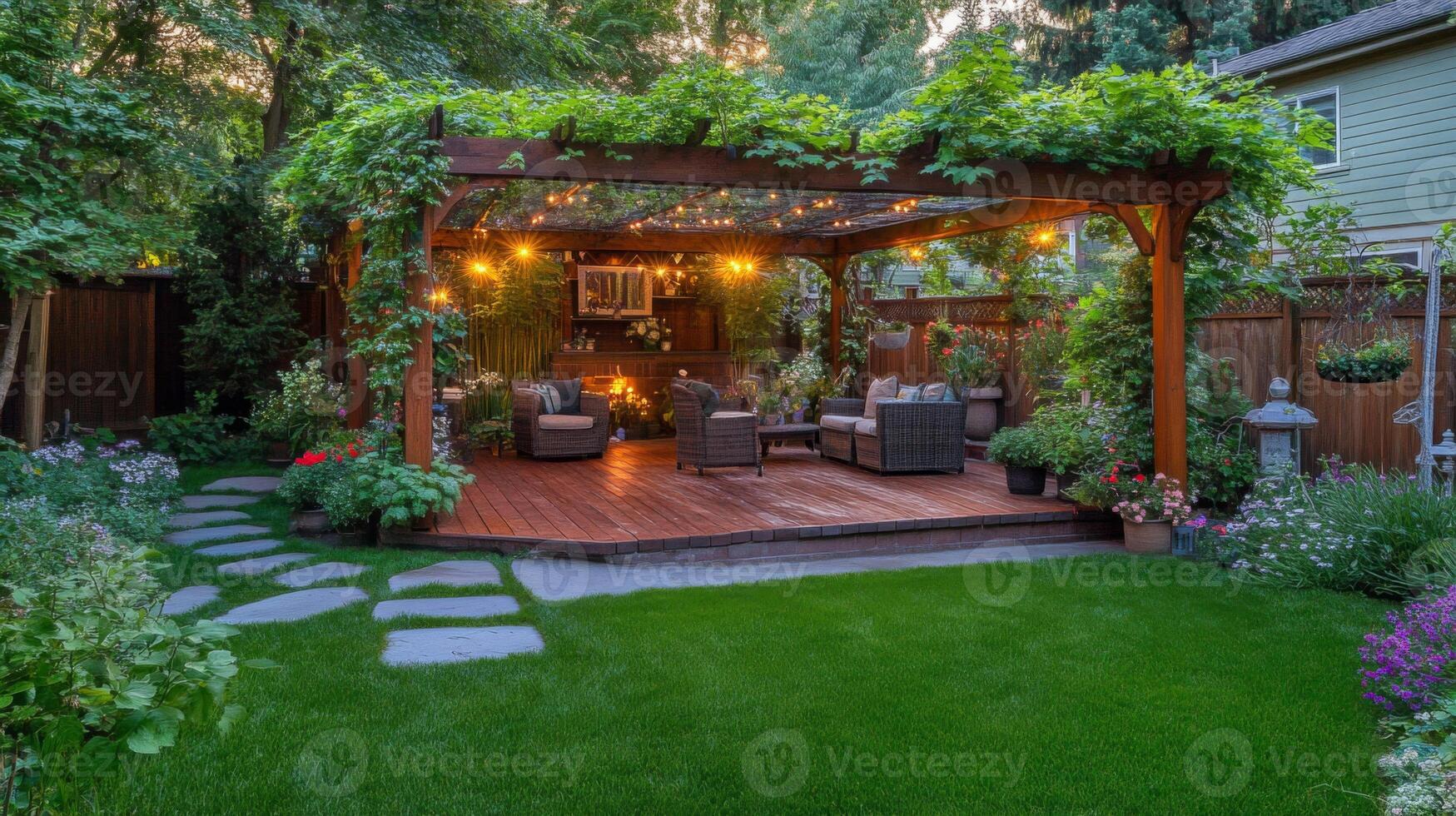 Evening Garden Patio with Pergola and Lighting photo