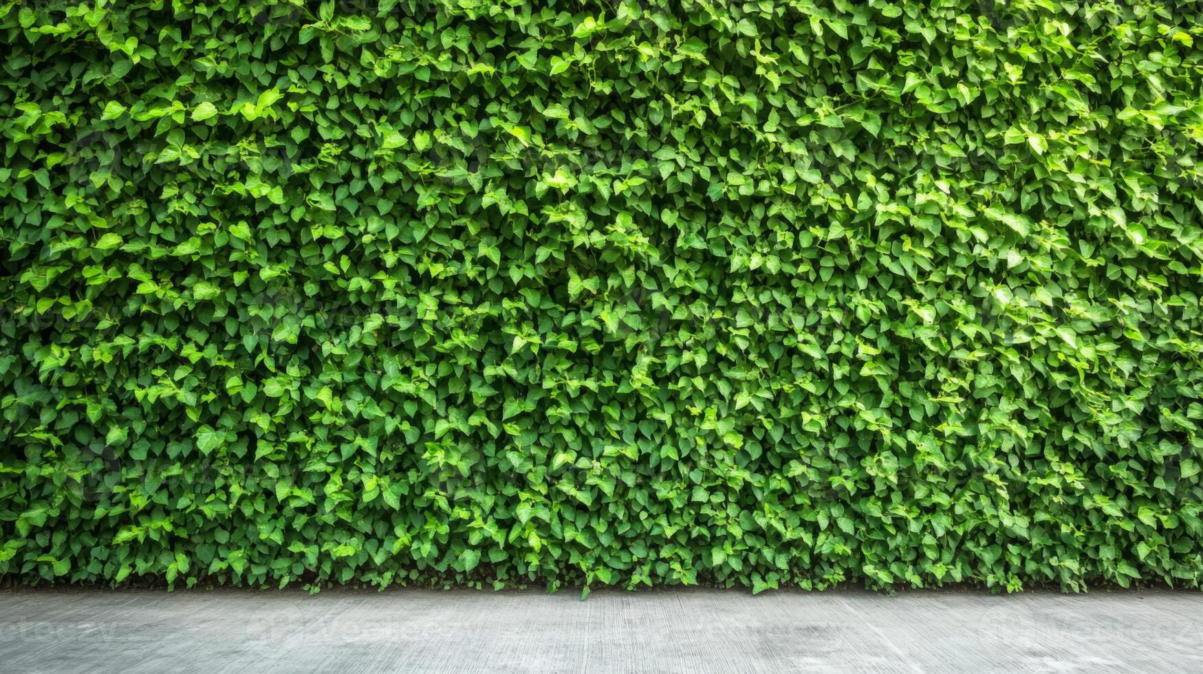Lush Green Leaf Wall with Pavement Ground photo