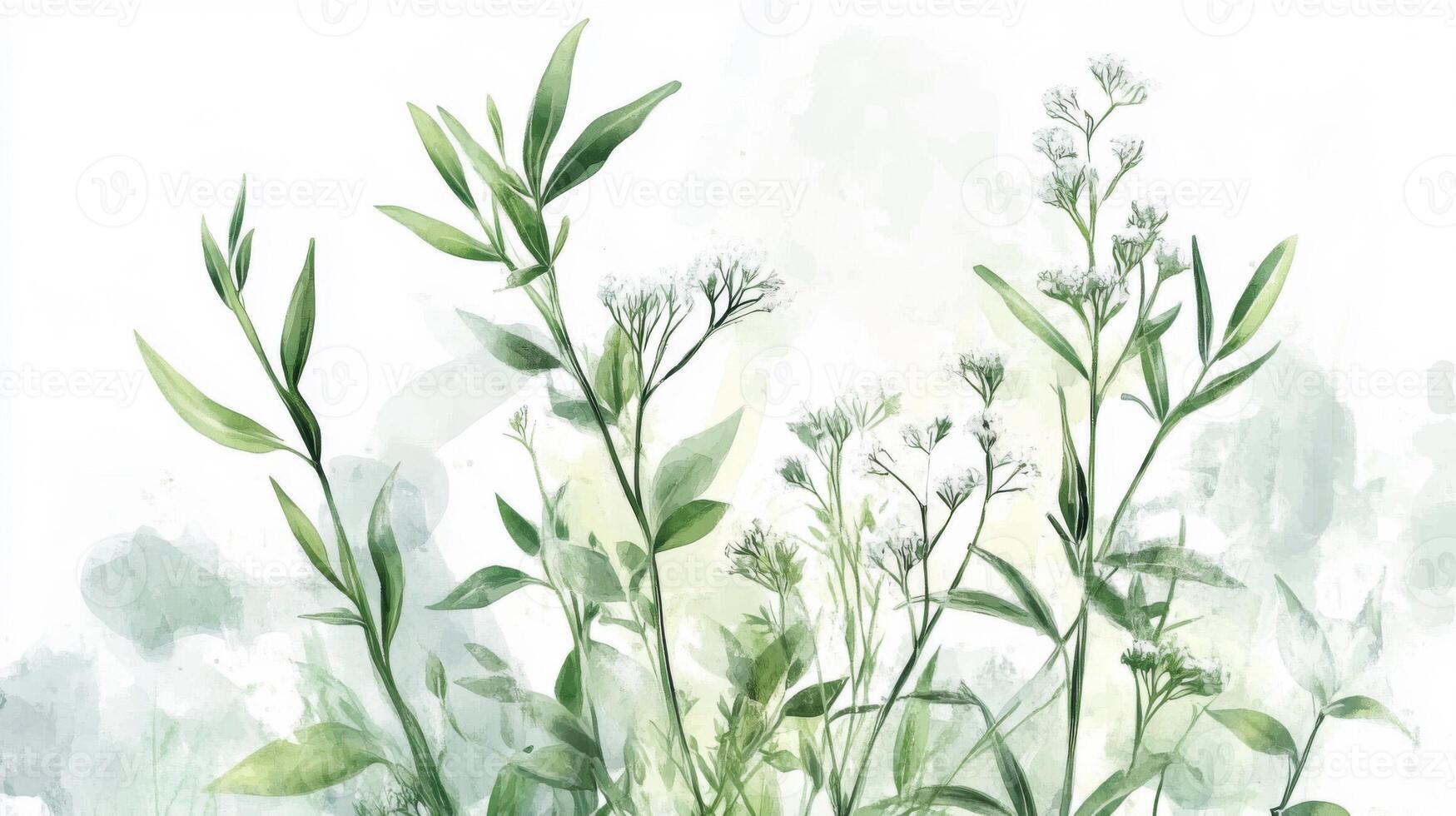 Watercolor Painting of Green and White Flowers and Leaves photo