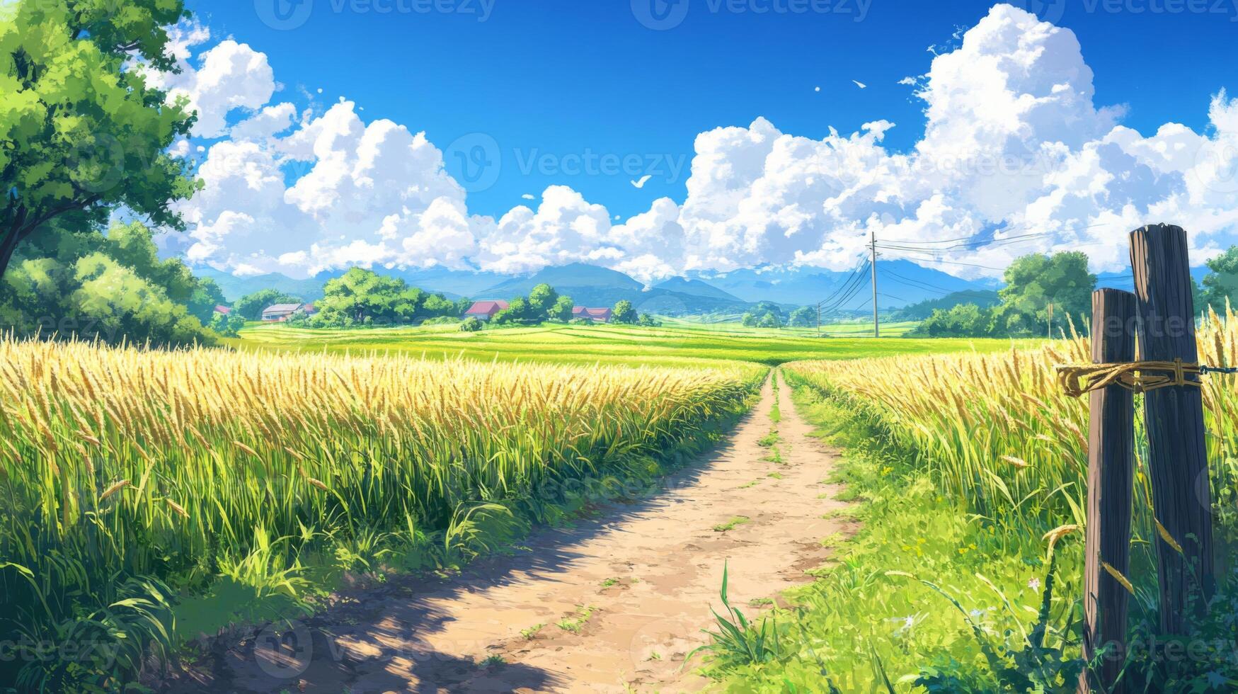 Sunlit Wheat Field Path Summer Landscape photo