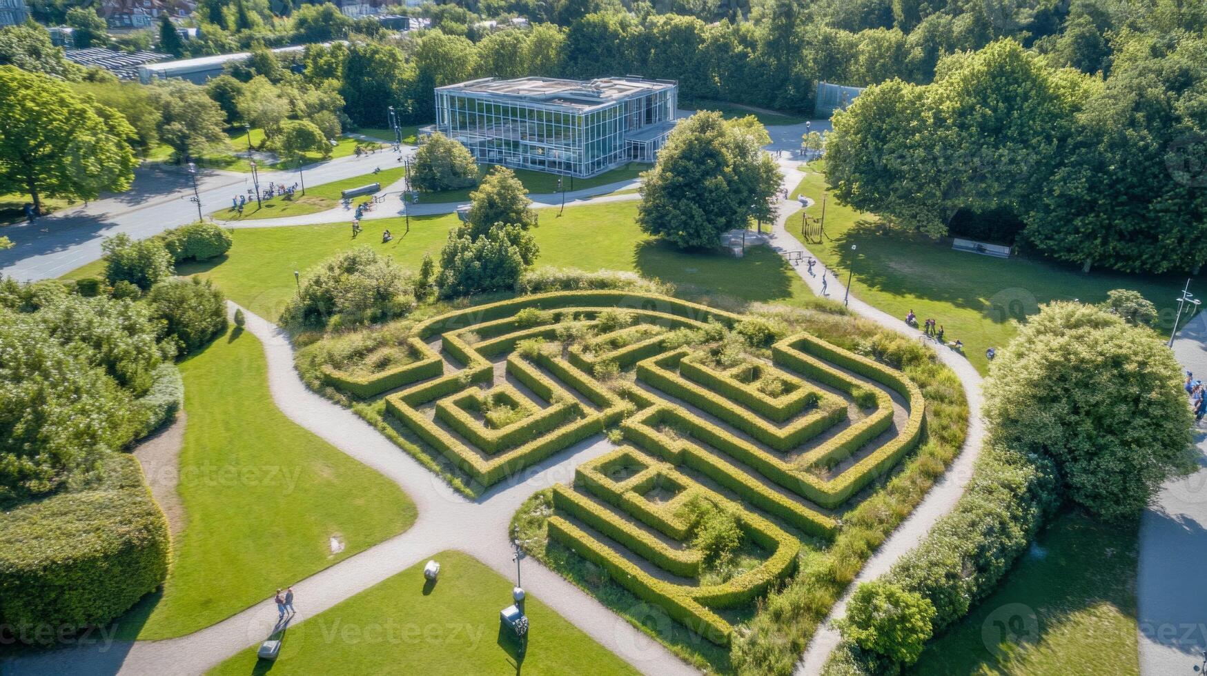 Aerial View of a Green Hedge Maze in a Sunny Park photo